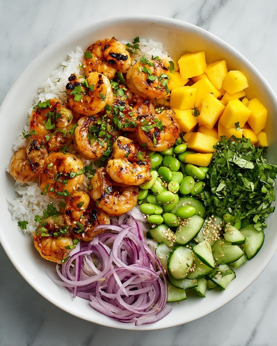 A white bowl filled with five different layers arranged side by side. In the center is a layer of cooked shrimp, golden brown with some char marks and small green herb bits on top. To the top right, bright yellow cubed mango pieces are neatly placed. Under the mango is a layer of chopped green cucumbers with some edamame beans mixed in, sprinkled lightly with sesame seeds. At the bottom left, there is a layer of white fluffy rice, and next to the rice, on the left side, thin purple-red rings of sliced onion. Behind the shrimp, fresh green chopped herbs fill the small remaining space. The bowl is placed on a white marbled texture. photo taken with an iphone --ar 4:5 --v 7