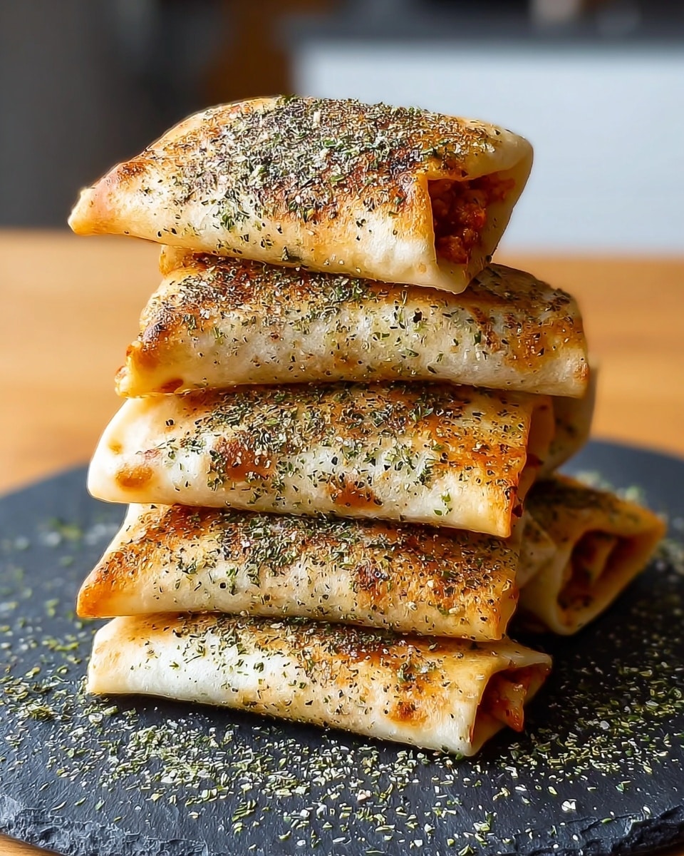 A stack of six folded rectangular stuffed bread pieces with a golden-brown outer crust sprinkled evenly with dried herbs, showing some light charring and a slightly crispy texture. The bread layers are thick and soft-looking, with the filling visible in places where the bread folds open, revealing a reddish tomato-based filling. The pieces are neatly stacked in a pyramid shape on a round black slate plate, which is dusted with more dried herbs around the edges. The background is a white marbled texture, and the focus is on the warm, textured bread. Photo taken with an iphone --ar 4:5 --v 7