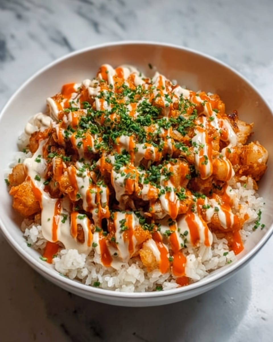 The image shows a white bowl filled with a dish made of three main layers. The bottom layer is white rice, soft and slightly fluffy. On top of the rice is a layer of orange-colored cooked chicken pieces, coated in a sauce that looks creamy and rich. The chicken pieces have a slightly glossy texture. The top layer is garnished with chopped green herbs, adding a bright green color that contrasts with the orange chicken. Drizzled over the entire bowl are two sauces—one creamy white and the other bright orange—both applied in a zig-zag pattern. The bowl sits on a white marbled surface. photo taken with an iphone --ar 4:5 --v 7
