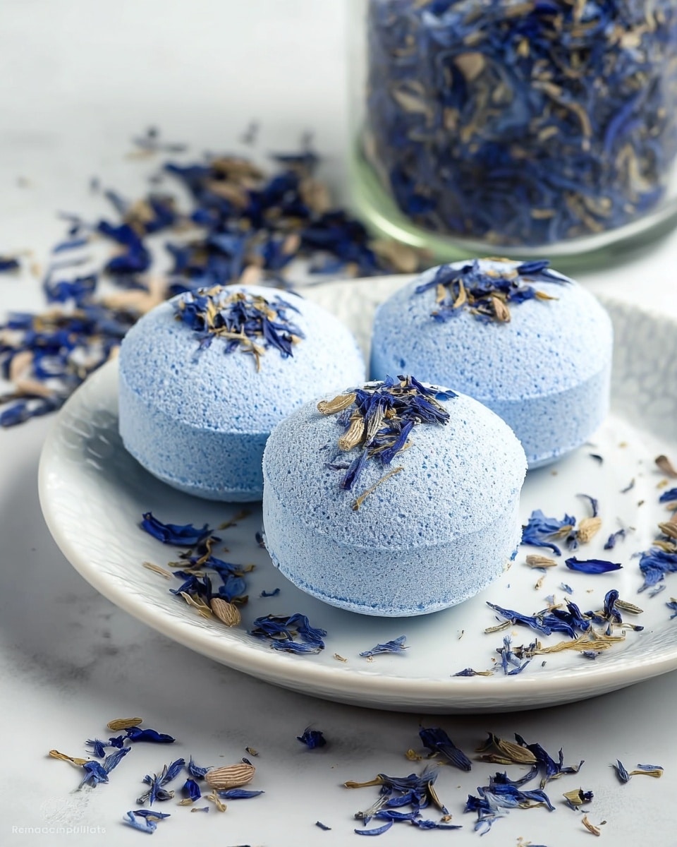 The image shows three round, pale blue bath bombs decorated with scattered deep blue and light beige dried flower petals on their tops and sides, placed on a white plate with a subtle textured pattern. Additional dried petals are spread across the plate and the white marbled surface beneath it. In the background, a clear glass container filled with more dark blue dried petals sits slightly blurred, creating depth in the scene. The overall look is clean and delicate with a soft focus on the bath bombs. photo taken with an iphone --ar 4:5 --v 7