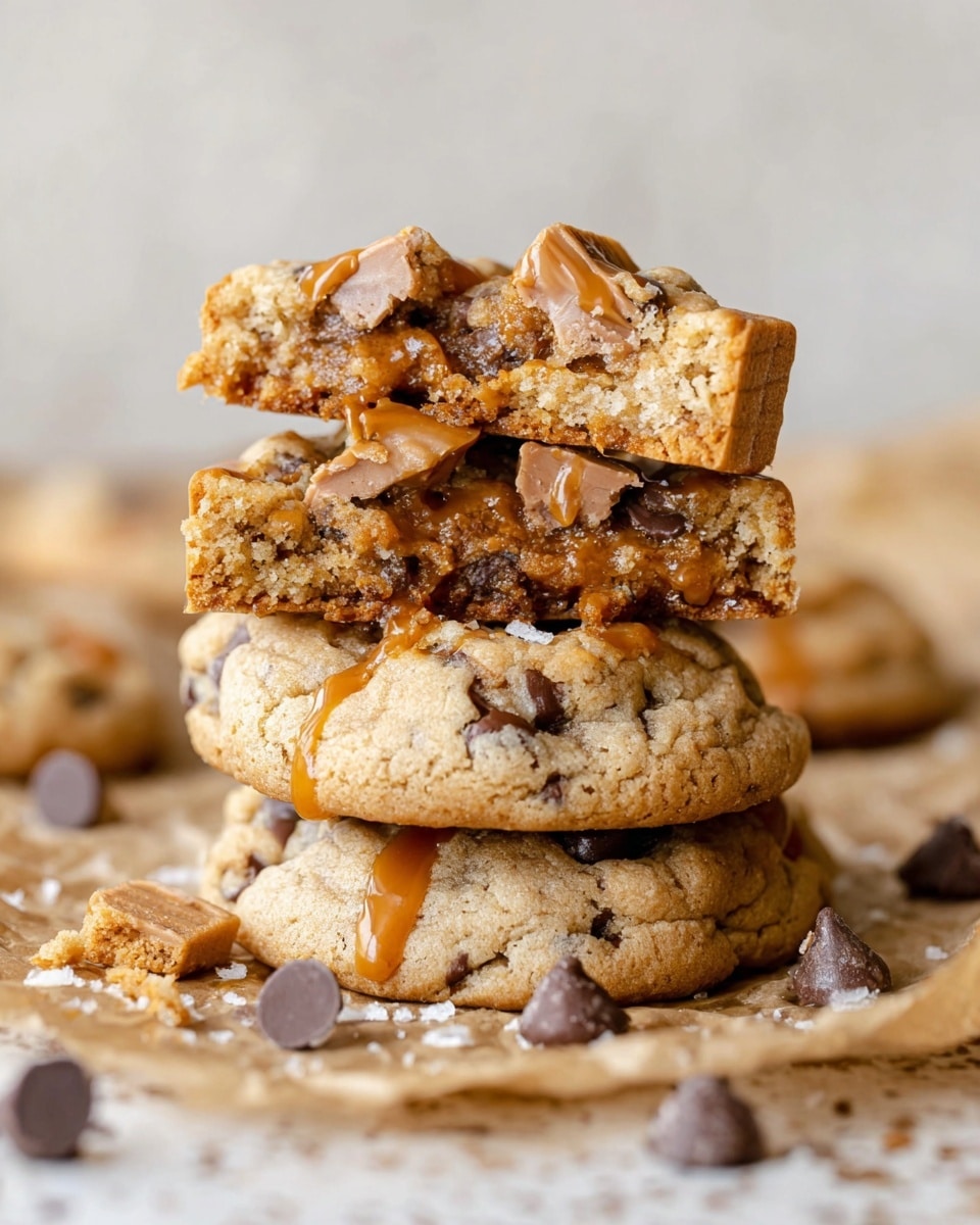 A stack of three thick, soft-looking cookies sits on a white marbled surface, each cookie showing a golden brown color with pieces of chocolate chips embedded throughout. The top cookie is broken in half, revealing a moist, crumbly inside with melted chocolate oozing slightly and a light caramel drizzle on the surface. A rectangular caramel biscuit is lodged upright into the top cookie, adding a textured contrast. Around the stack are scattered cookie crumbs, chocolate chips, and broken pieces of caramel biscuits, all enhancing the cozy, homemade feel. photo taken with an iphone --ar 4:5 --v 7