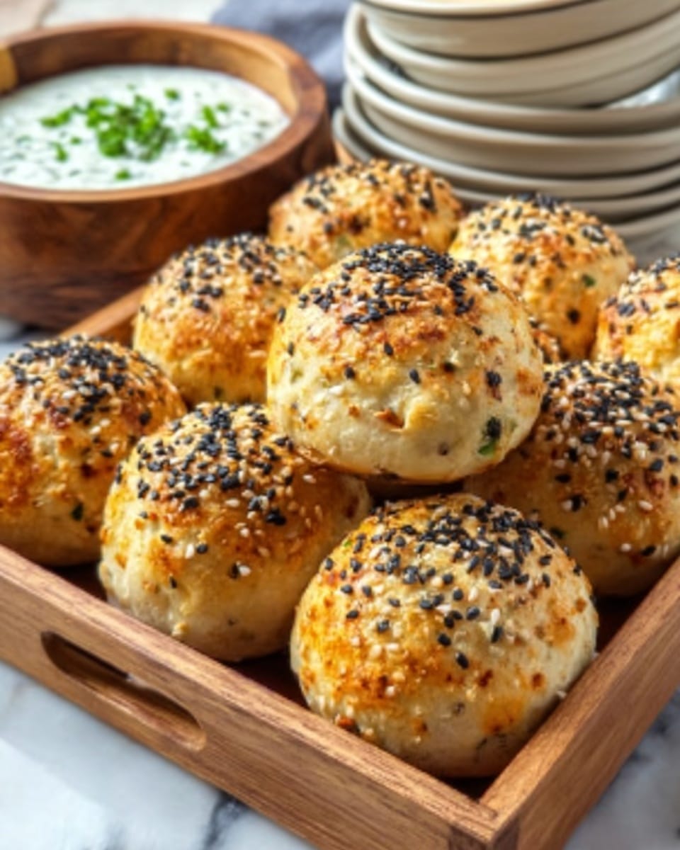 The image shows a wooden tray holding a row of round, golden-brown baked balls covered with black and white sesame seeds. Each ball has a slightly shiny, textured surface with small bits of ingredients visible inside. The background includes stacks of white bowls with a creamy, green herb dip inside on a white marbled surface. A woman’s hand is gently reaching toward the tray. photo taken with an iphone --ar 4:5 --v 7