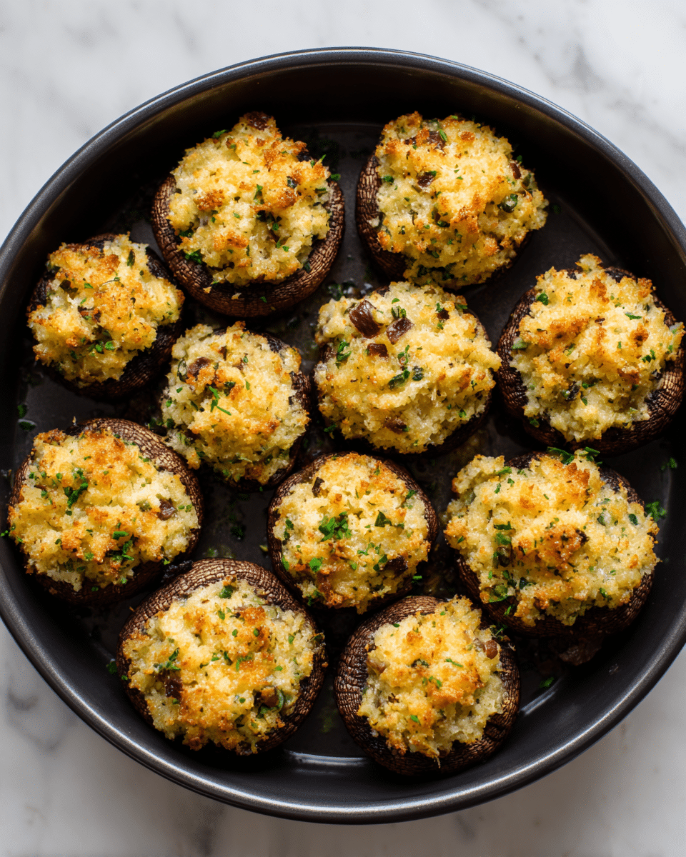 The image shows a black round baking dish filled with twelve stuffed mushrooms. Each mushroom has a dark brown cap base topped with a golden brown, slightly crispy mixture of finely chopped herbs and cheese. The stuffing has a textured, uneven surface, with hints of green herbs and melted cheese spots browned on top. The mushrooms are arranged closely together, filling the dish. The dish is placed on a white marbled surface. Photo taken with an iphone --ar 4:5 --v 7