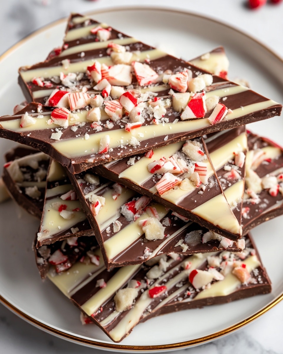 A stack of five triangle pieces of chocolate bark piled on a white plate with a thin gold rim, each piece showing two main layers: a dark brown chocolate base and creamy white chocolate drizzled on top in diagonal lines. Scattered over each piece are crushed candy canes in white and red stripes, adding bright specks of color and small white crumbs. The chocolate pieces have a smooth and slightly glossy texture with crunchy bits of candy that add roughness. The background shows a white marbled texture with small blurred fairy lights and a bit of green pine in soft focus, creating a festive feeling. photo taken with an iphone --ar 4:5 --v 7