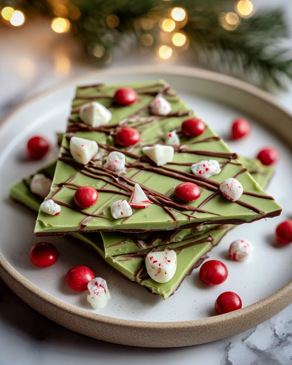 The image shows three pieces of green chocolate bark arranged in a slightly overlapping way on a white plate. Each piece has a smooth green base layer, decorated with thin, dark brown chocolate lines drizzled across the surface. There are round red candy balls and small white dollops scattered on top, along with bits of crushed peppermint candy and small chunks of milk chocolate. The plate sits on a white marbled surface with blurred warm lights and a small green branch in the background, creating a cozy holiday feel. Photo taken with an iphone --ar 4:5 --v 7