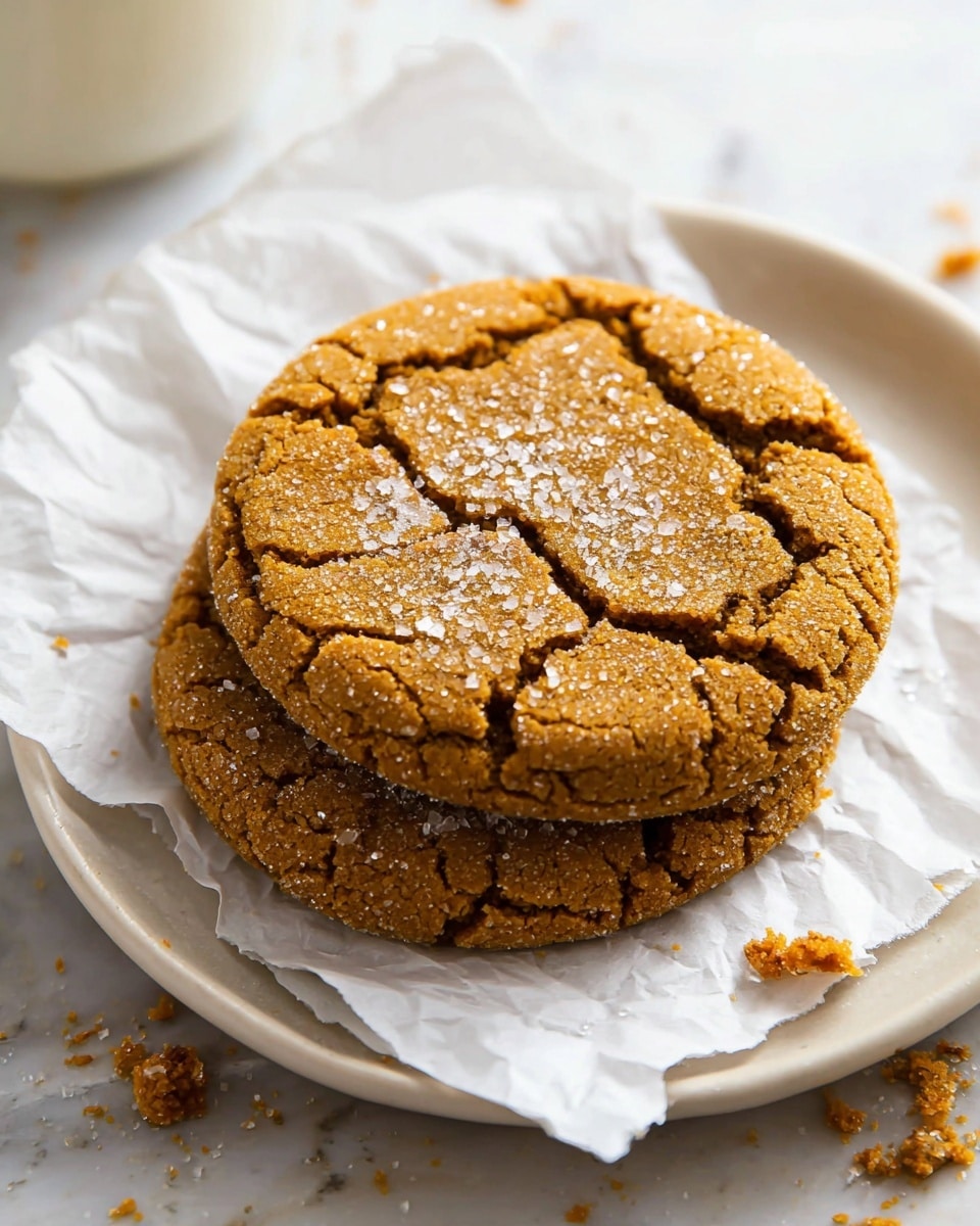 Two large round cookies with cracks on the surface are stacked on top of each other on a piece of white parchment paper. The cookies are golden brown with a slightly darker center and sprinkled with coarse sugar crystals. They rest on a white plate placed on a white marbled textured surface. In the corner of the image, there is a glimpse of a glass with a white liquid, likely milk. The overall look is warm and rustic. photo taken with an iphone --ar 4:5 --v 7
