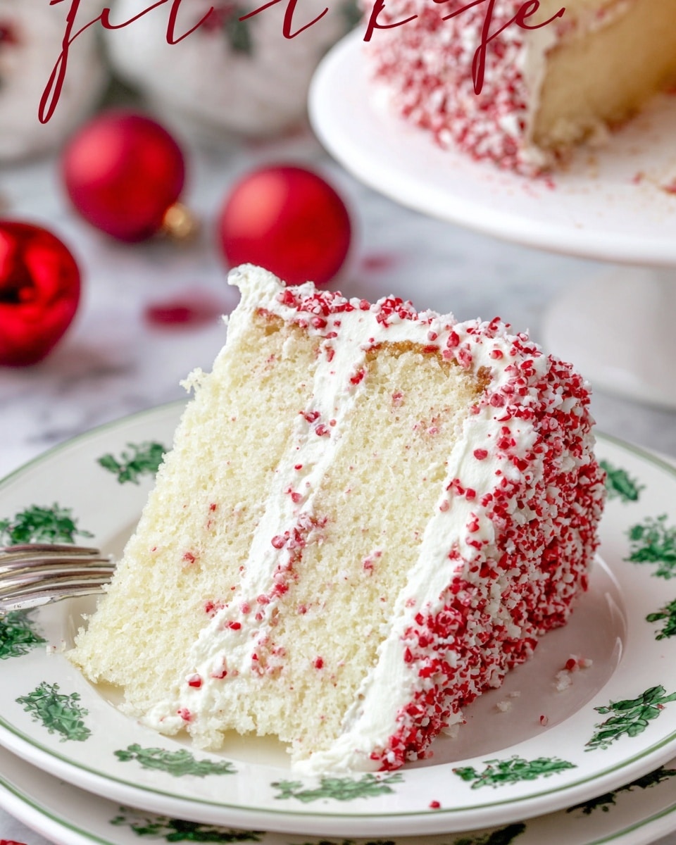 The image shows a slice of a white cake with two thick layers of pale yellow sponge and a thin middle layer of white frosting. The outside of the cake is covered with white frosting, sprinkled with small red crumbs, giving texture and color contrast. The slice sits on a white plate with a decorative green floral pattern around the edge. The background is a white marbled surface with blurred red ornaments in the distance, creating a festive atmosphere. Photo taken with an iphone --ar 4:5 --v 7