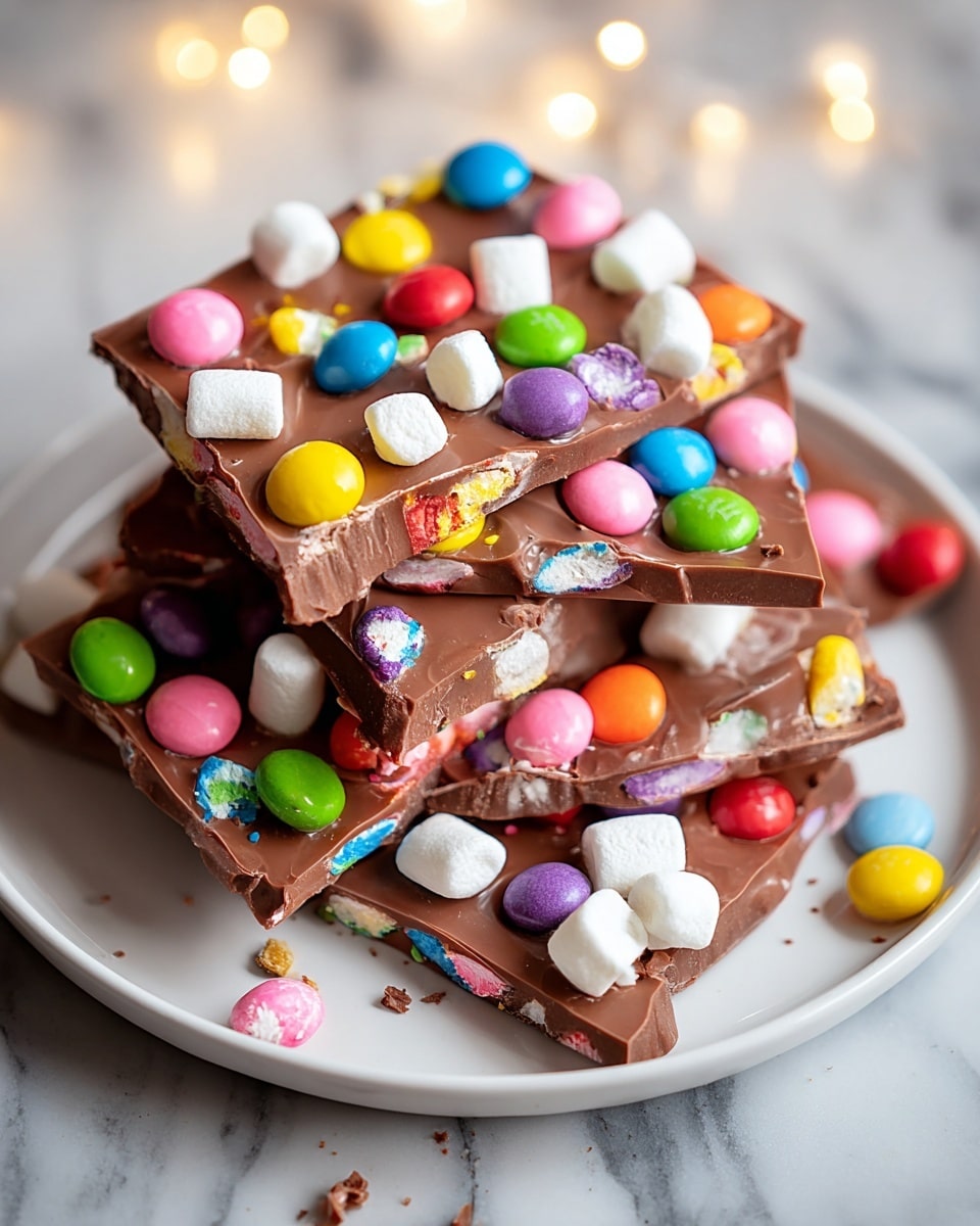 The image shows several pieces of chocolate bark stacked on a white plate with a white marbled surface underneath. Each piece has a smooth milk chocolate base as the first layer, topped with scattered colorful candy-coated chocolates in bright red, yellow, green, blue, pink, and orange colors. Small white marshmallows are also spread unevenly on the surface, adding a soft, fluffy texture. The chocolate is shiny, with some small cracks and crumbs around the plate, giving a fresh, homemade look. Soft string lights glow warmly in the blurred background. photo taken with an iphone --ar 4:5 --v 7