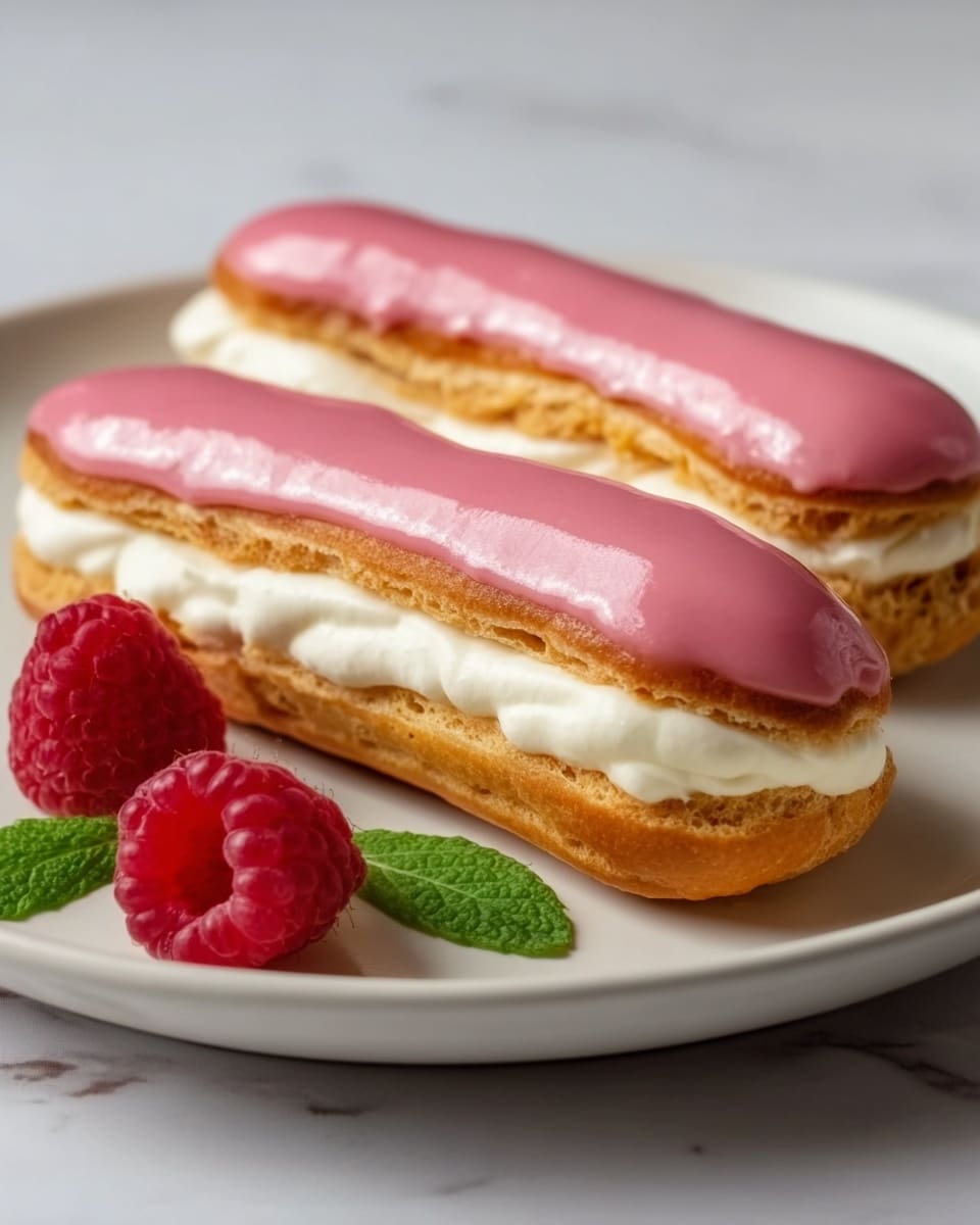 A white plate on a white marbled surface holds two long eclairs with three layers each: the bottom layer is a golden-brown baked pastry with a slightly rough texture; the middle layer is thick, creamy white filling piped in smooth swirls; the top layer is a shiny pink icing smoothly covering the pastry. Fresh red raspberries and green mint leaves lie beside the eclairs adding color contrast. Photo taken with an iphone --ar 4:5 --v 7