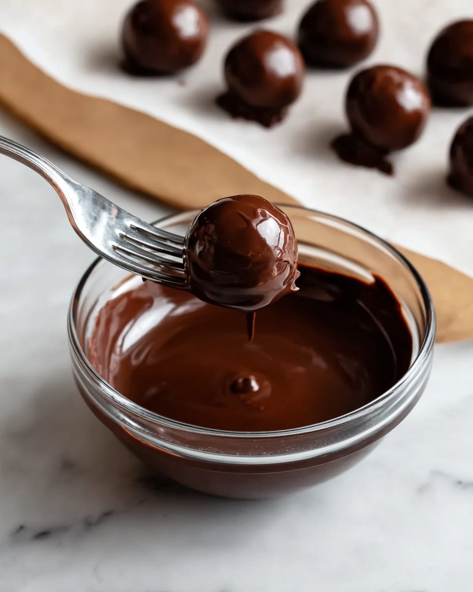 A glass bowl filled with smooth, glossy dark brown melted chocolate sits on a white marbled surface. A silver fork is holding a round ball coated in the same shiny chocolate just above the bowl. In the background, several similar chocolate balls rest on a white parchment paper, all with a shiny dark brown coating and a smooth texture. The scene is simple and clean, focusing on the rich chocolate and the process of coating the balls. Photo taken with an iphone --ar 4:5 --v 7