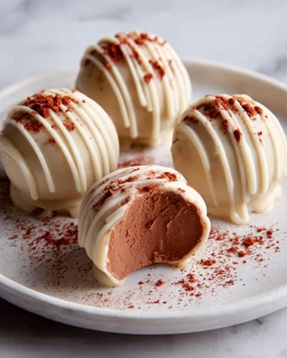 The image shows five round chocolate truffles on a white plate, arranged in a close group. Four truffles are covered in smooth white chocolate with thin white chocolate stripes drizzled on top, and the surface of the white chocolate has a slight shine. The fifth truffle is cut in half showing a rich, dense milk chocolate filling inside, with a creamy texture. Light brown powder, likely cocoa or cinnamon, is sprinkled lightly over the plate and truffles. The background is a white marbled surface. Photo taken with an iphone --ar 4:5 --v 7