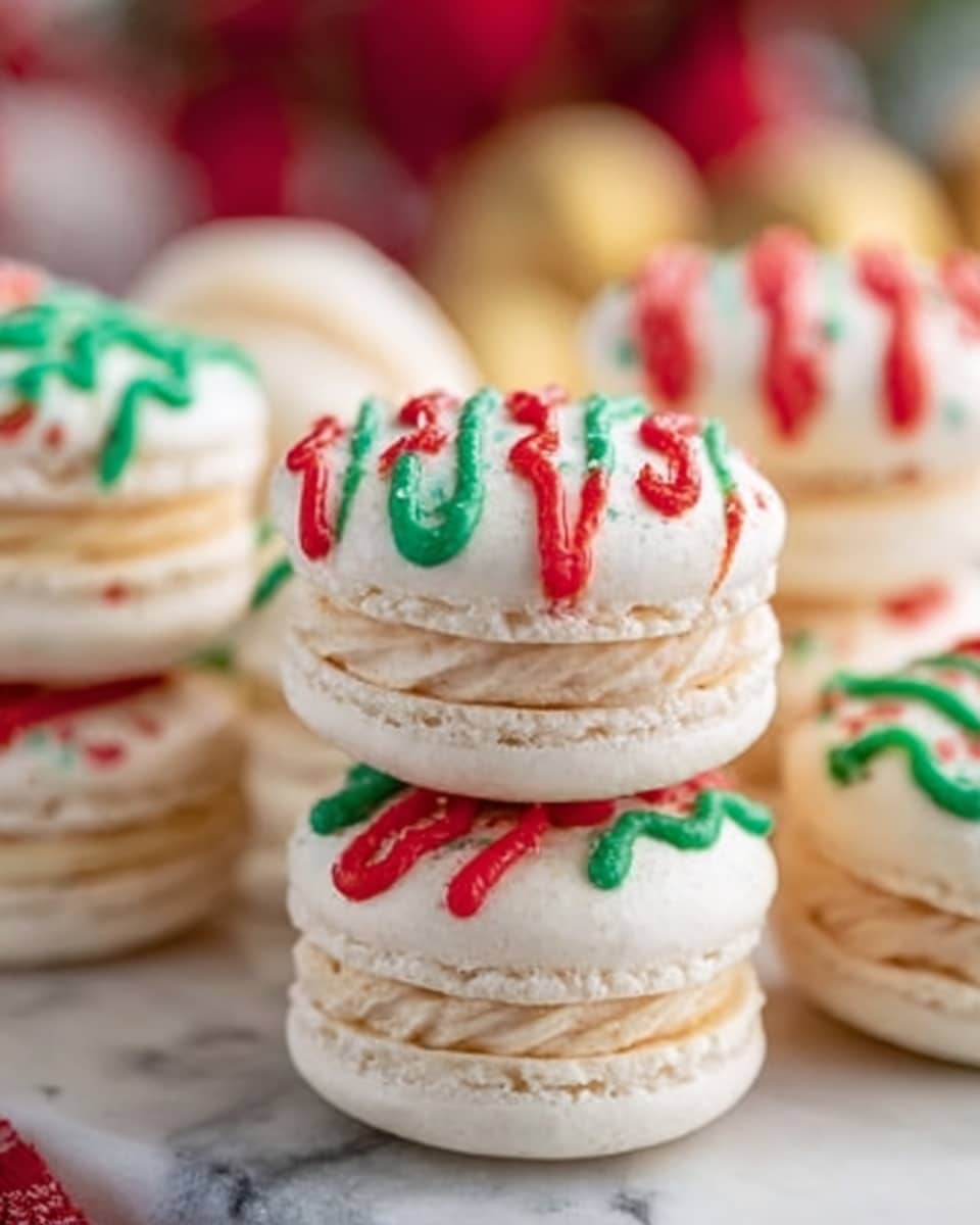 The image shows several stacked white macarons with smooth, light beige shells. Each macaron is decorated with red and green icing in a wavy pattern on top, giving a festive look. The macarons are placed on a white marbled surface, and one macarons stack is held delicately by a woman's hand, adding a soft touch to the scene. The colors are bright and the texture of the macarons looks slightly crunchy outside with a creamy filling inside. Photo taken with an iphone --ar 4:5 --v 7