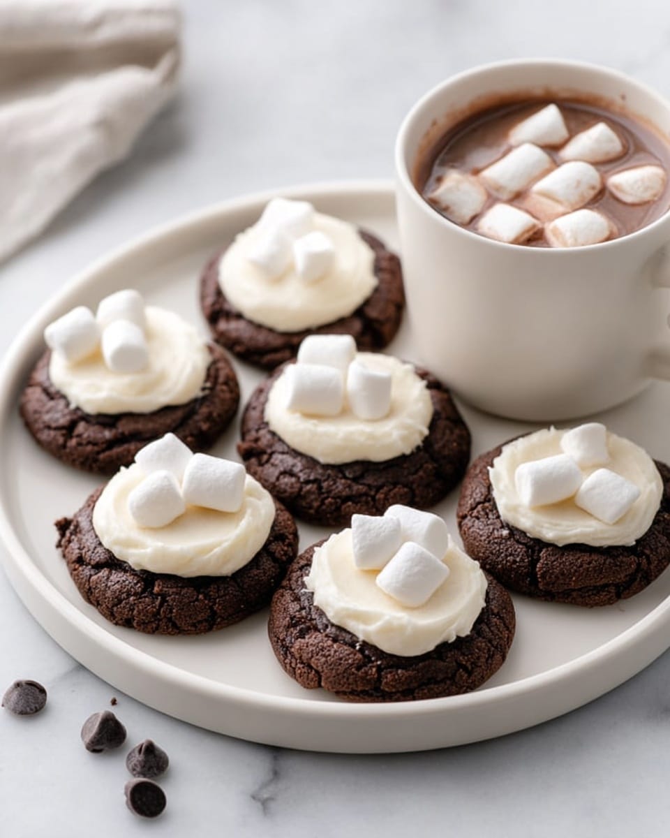 The image shows a white plate on a white marbled surface, holding five chocolate cookies each topped with a generous swirl of creamy white frosting and small white marshmallows. The cookies have a rough, slightly cracked dark brown texture. Alongside the cookies is a white mug filled with hot chocolate, topped with small white marshmallows scattered on the surface. A few loose chocolate chips and marshmallows are scattered on the plate and around it. Photo taken with an iphone --ar 4:5 --v 7