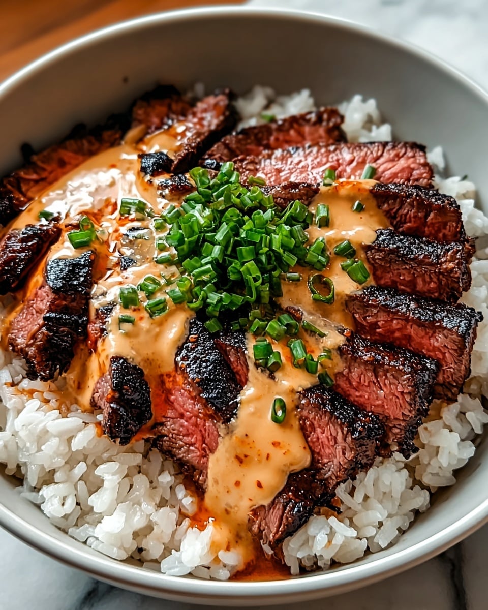A bowl with three main layers: at the bottom is white sticky rice with a slightly shiny texture, the middle layer is grilled steak pieces sliced into strips showing pink centers and dark charred edges, and the top layer is a creamy light orange sauce drizzled generously with streaks of a darker red sauce. On the very top, fresh chopped green onions add a bright green color and a bit of crunch. The bowl is white with a smooth surface, placed on a white marbled texture. photo taken with an iphone --ar 4:5 --v 7