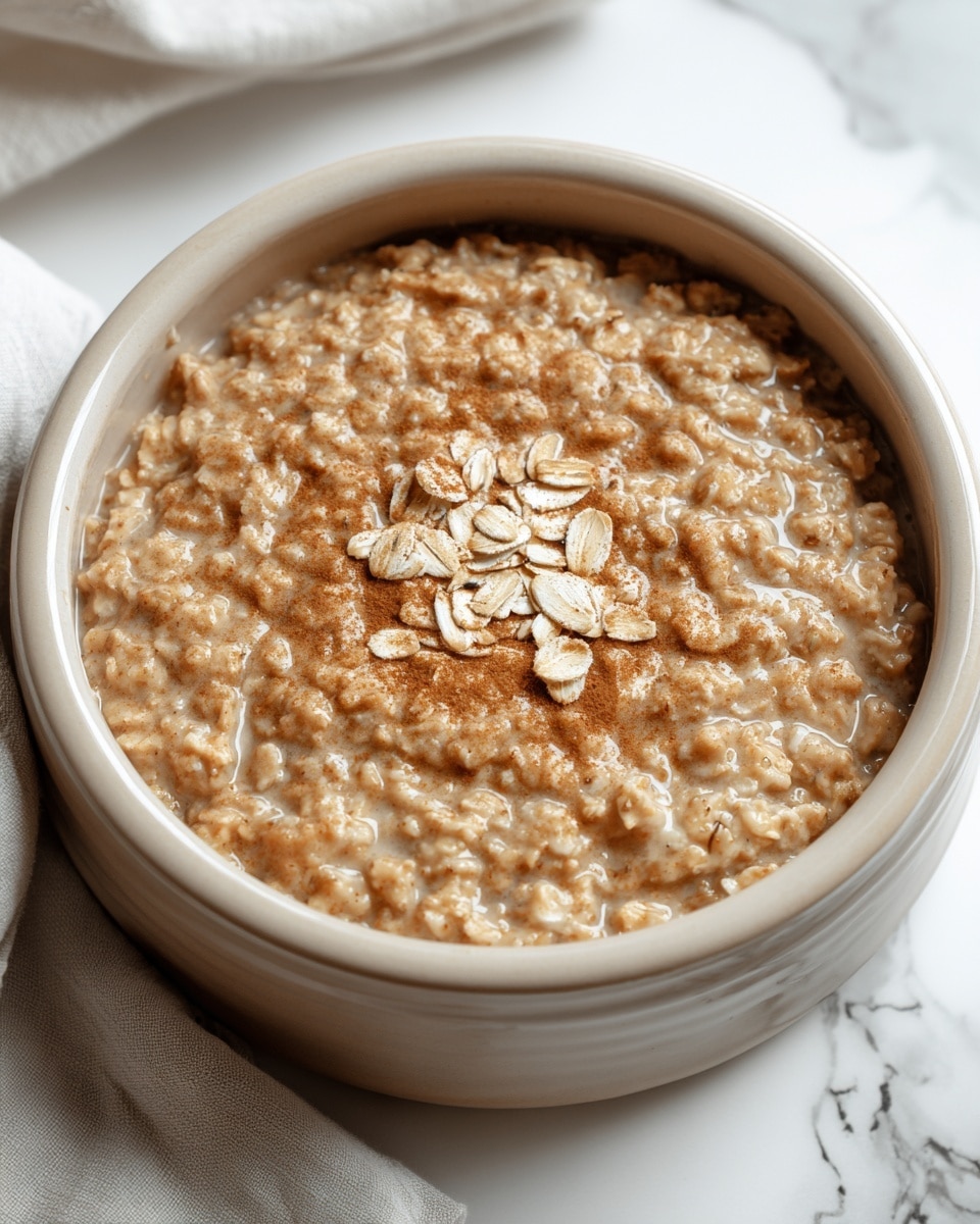 A white bowl filled with cooked oatmeal, showing two visible layers: the bottom layer is smooth and creamy light brown oatmeal, while the top layer consists of slightly chunky oats with a sprinkle of cinnamon powder, adding a warm brown accent. The bowl is set on a white marbled surface with a soft white cloth draped partly around it. The oatmeal appears warm and thick with a slightly glossy texture on top. Photo taken with an iphone --ar 4:5 --v 7