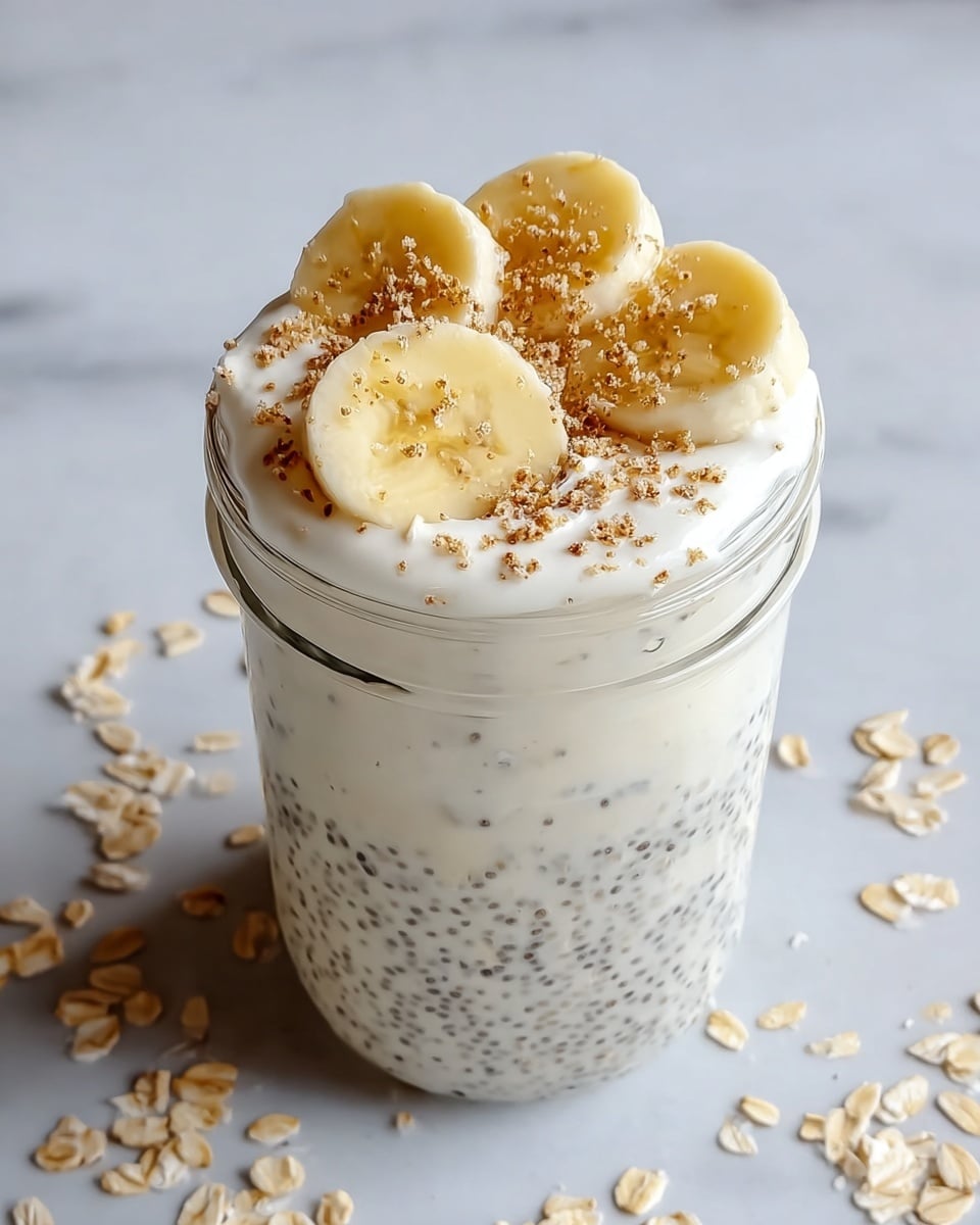 A clear glass jar filled with a creamy, white overnight oats mixture that has small dark chia seeds evenly dispersed inside. The jar is topped with a thick white layer of yogurt, on which five round slices of banana are placed in a circular pattern. Light brown crumbs are sprinkled over the banana slices and yogurt. The jar sits on a white marbled surface scattered with a few oats around it. Photo taken with an iphone --ar 4:5 --v 7