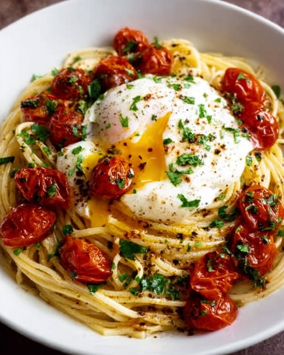 A white bowl filled with a single layer of cooked spaghetti pasta, light golden in color and slightly glossy from olive oil, arranged loosely in a nest shape. On top, there is a white, soft poached egg with a shiny surface and a small runny yolk spot showing. Scattered around the egg are bright red, roasted cherry tomatoes with slightly blistered skins. The dish is sprinkled with green chopped herbs and a light dusting of black pepper. Photo taken with an iphone --ar 4:5 --v 7