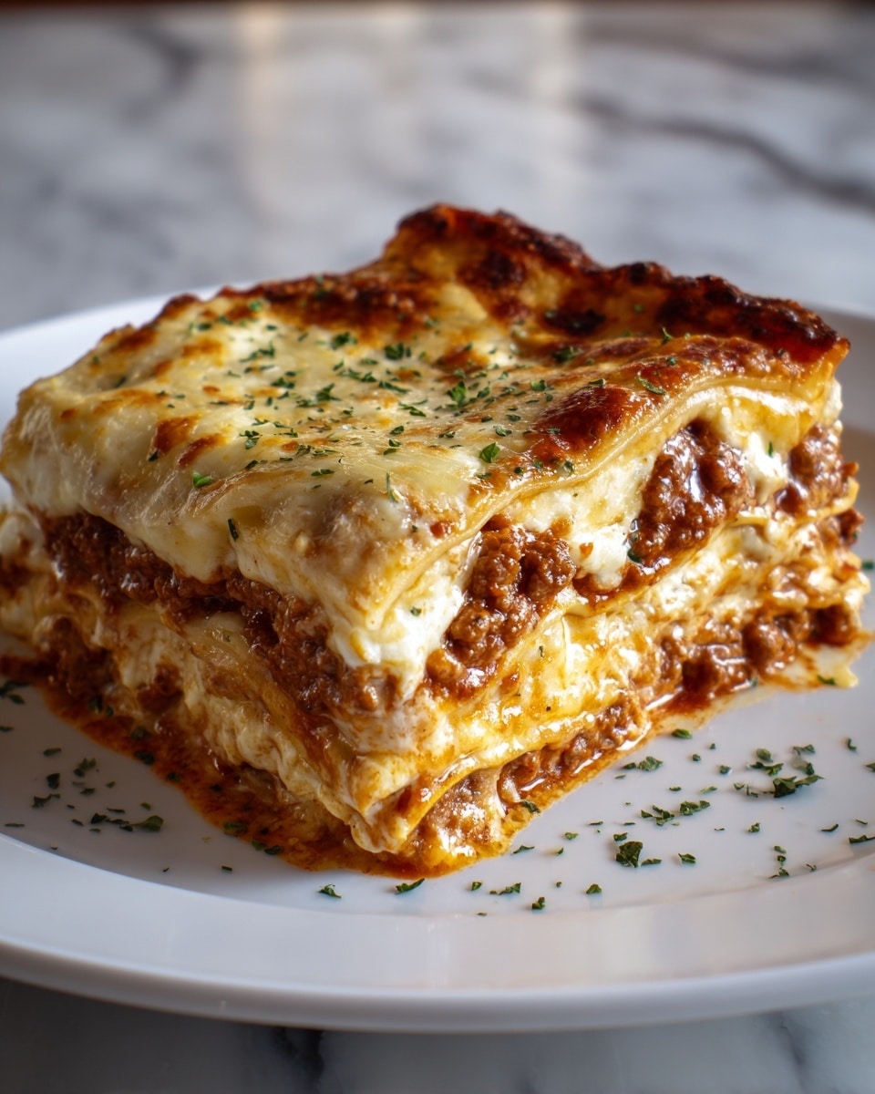 A thick, square piece of lasagna sits on a white plate with small bits of green herb sprinkled around it. The lasagna has several layers: the top layer is browned melted cheese with a bubbly, slightly crispy texture and green herbs on top; beneath it is a creamy white sauce layer followed by a thick, rich brown meat sauce layer mixed with cheese, and another white sauce layer at the bottom. The pasta sheets are thin, light yellow, and slightly curled at the edges, with some melted cheese and sauce oozing out between layers. The background is softly blurred with a warm indoor setting, and the plate sits on a white marbled surface. photo taken with an iphone --ar 4:5 --v 7