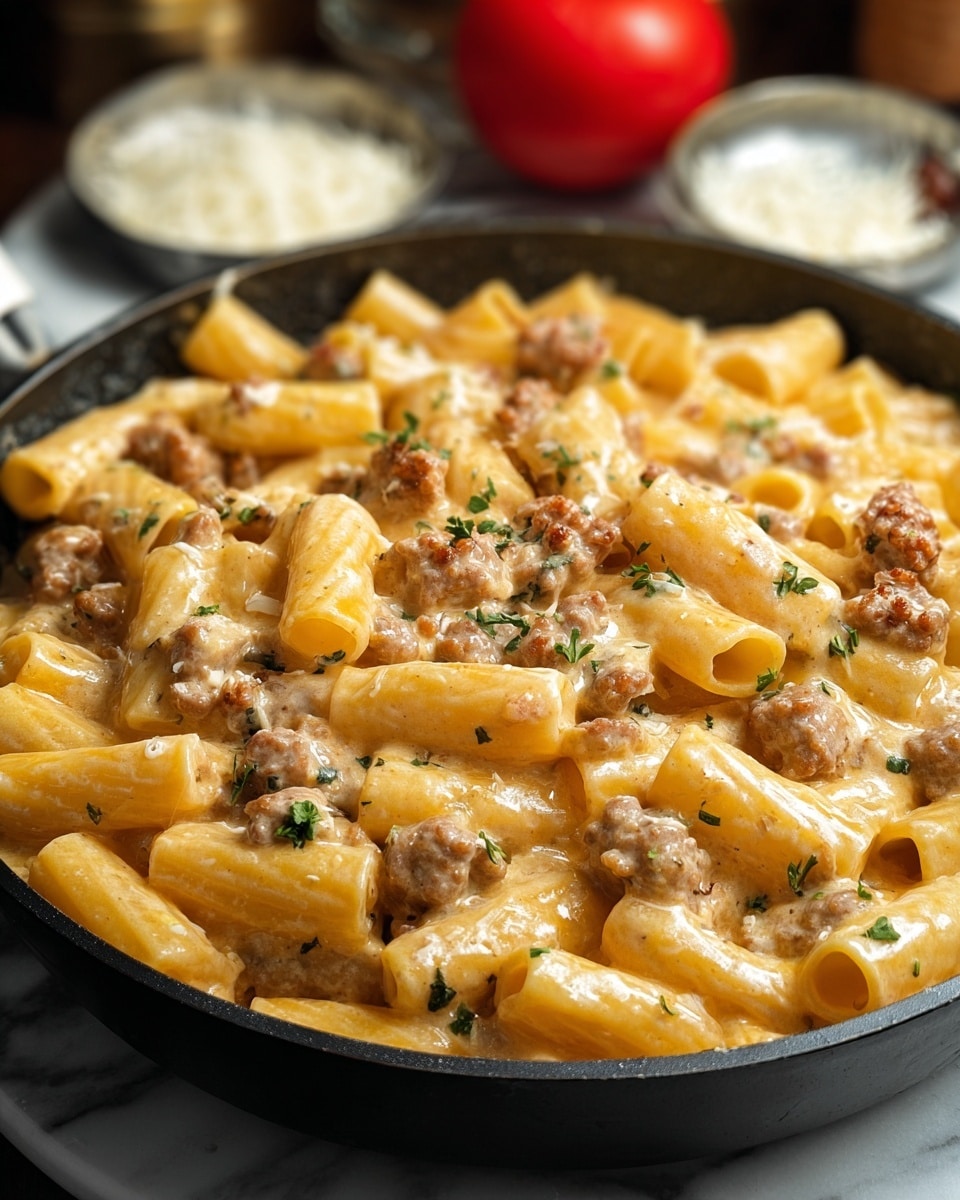 The image shows a close-up of a black pan filled with creamy pasta. There are two layers: the bottom layer is rigatoni pasta tubes cooked to a light golden yellow color, and the top layer is small browned sausage pieces coated in a thick, smooth, light beige cream sauce with small green herb bits scattered throughout. The sauce looks rich and glossy, covering both the pasta and sausage evenly. In the blurred background, there are white bowls with grated cheese, a red tomato, and some green herbs, all set on a white marbled surface. Photo taken with an iphone --ar 4:5 --v 7