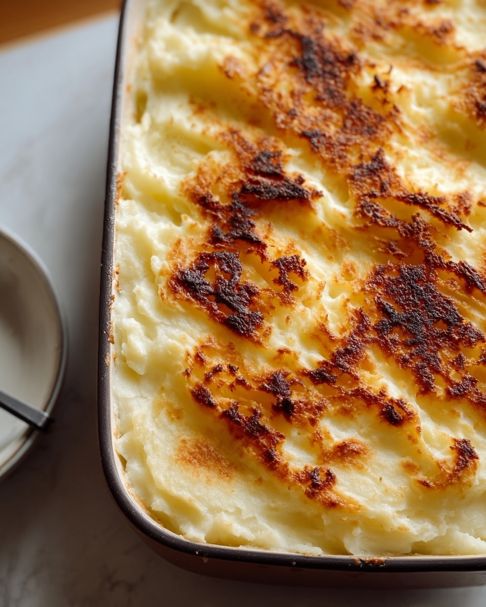 A close-up view of a baked dish in a rectangular pan with a golden brown top layer. The dish has about two visible layers: the top is a browned, slightly crispy cheese or sauce layer with dark golden spots and a bubbly texture, while underneath is a smooth, creamy pale yellow or white mashed potato layer. The edges of the mashed potatoes show some soft texture with gentle ridges and waves. The pan is placed on a white marbled surface, and part of an empty white plate is seen at the image's left edge. Photo taken with an iphone --ar 4:5 --v 7