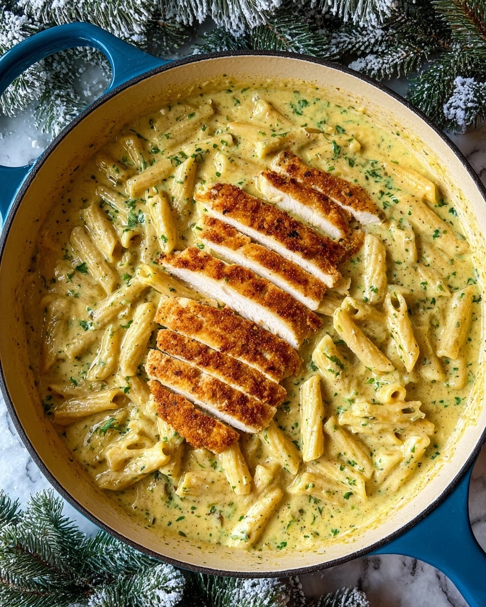A large blue pan filled with creamy yellow-green pasta sauce mixed with penne pasta, the sauce showing specks of herbs and small bits of vegetables throughout. On top lies a sliced golden brown breaded chicken breast, cut into even strips and placed horizontally in the middle of the pan. The background shows a white marbled texture with some frosted pine branches nearby. photo taken with an iphone --ar 4:5 --v 7