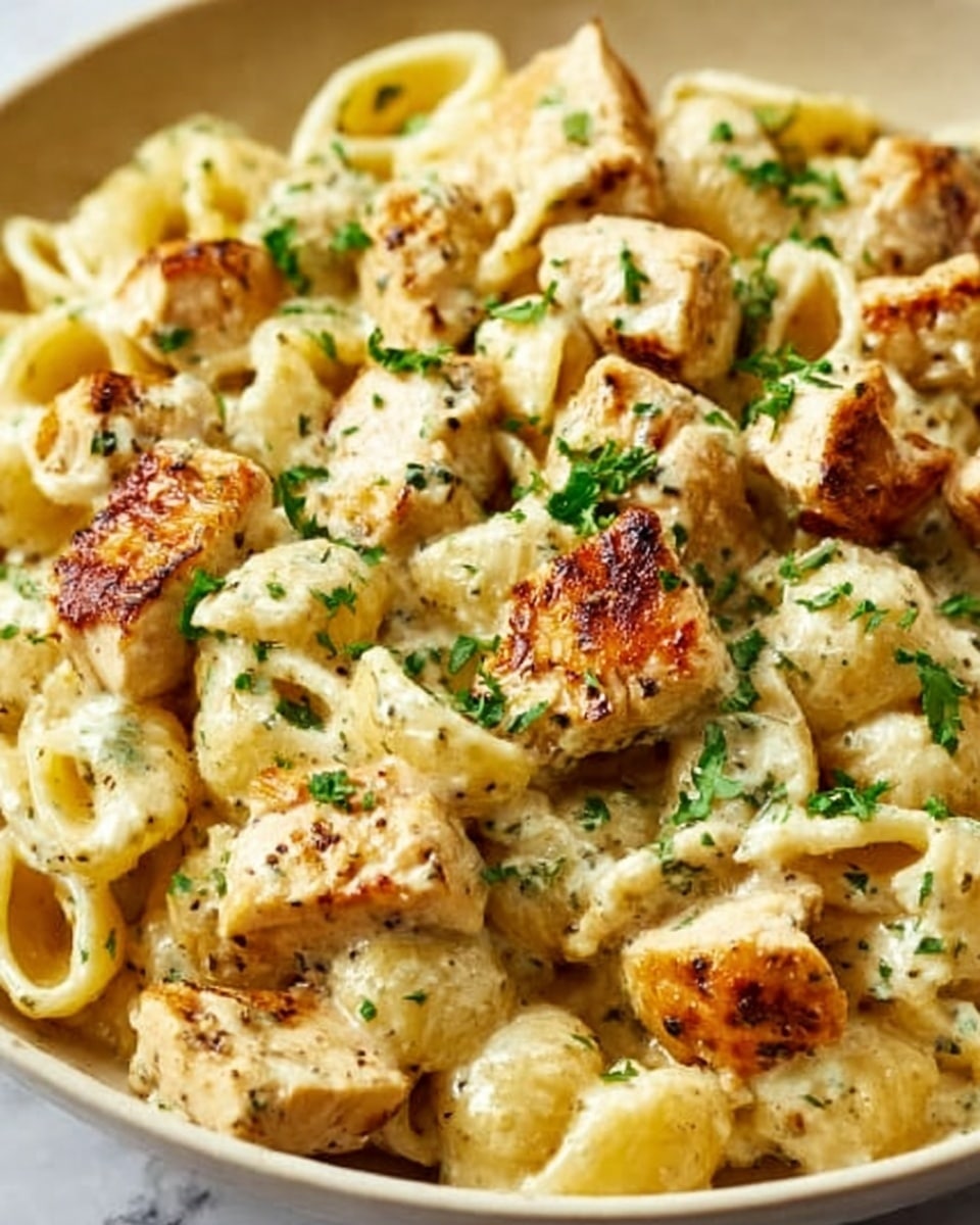 The image shows a close-up view of a creamy pasta dish with three layers: the bottom layer consists of pale beige penne pasta covered in a smooth, light cream sauce; the middle layer has pieces of grilled chicken with a golden-brown, slightly charred texture spread evenly on top of the pasta; the top layer is sprinkled with fresh, bright green chopped herbs that add a pop of color. Everything is on a white plate placed on a white marbled surface. Photo taken with an iphone --ar 4:5 --v 7