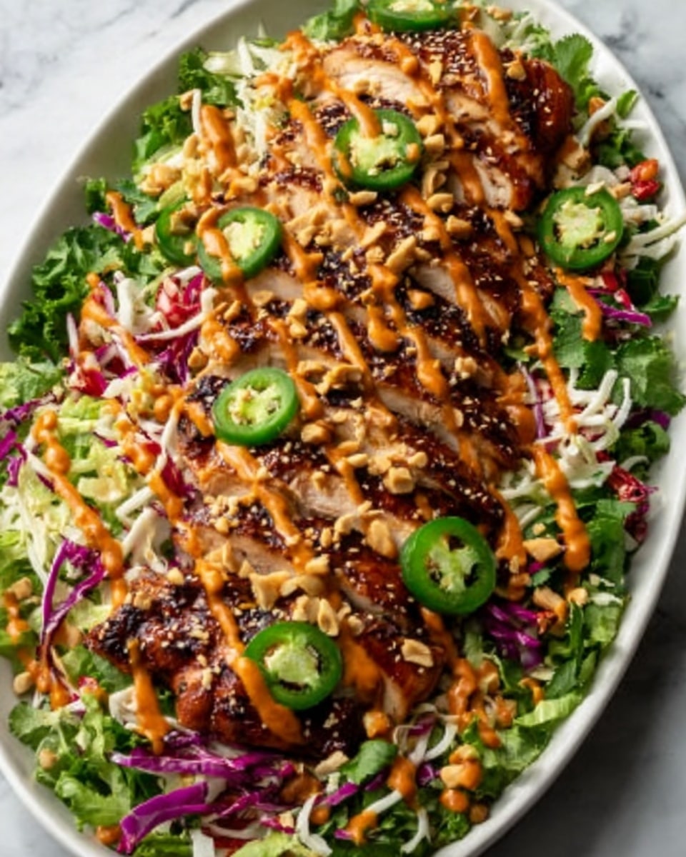 A white oval plate on a white marbled surface holds a colorful dish with multiple layers. The bottom layer is a bed of shredded lettuce mixed with thinly sliced purple cabbage and grated carrots, giving a mix of green, purple, and orange textures. On top of this, there are thick slices of cooked meat with a brown, slightly glazed surface arranged neatly in the center. The meat is topped with scattered peanuts and thin slices of green jalapeño peppers. Thin dark lines of sauce drizzle across the top, adding contrast, and there are small green cilantro leaves sprinkled over the entire dish. The colors are vibrant with fresh greens and warm browns, showing a mix of crunchy and soft textures. photo taken with an iphone --ar 4:5 --v 7