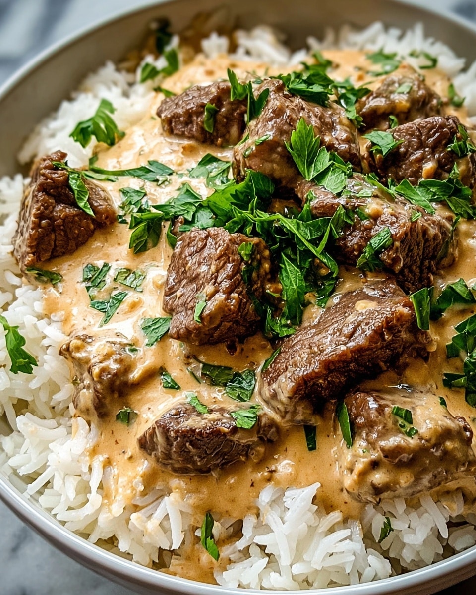 A white plate holds a bed of white rice with visible grains, fluffy and slightly sticky, forming the bottom layer. On top, there are many chunks of brown cooked beef with a textured, grilled surface. The beef is covered by a thick, creamy sauce that is light beige with specks of black pepper, evenly spread over the meat. Bright green parsley leaves are sprinkled on top, adding a fresh contrast to the creamy sauce and brown beef. The dish is set on a white marbled texture. photo taken with an iphone --ar 4:5 --v 7