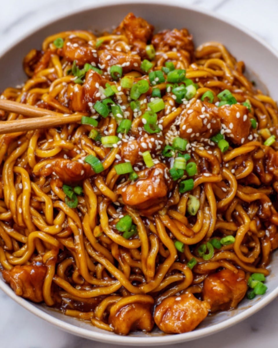 The image shows a white bowl filled with cooked instant noodles coated in a shiny, dark brown sauce. There are small pieces of cooked chicken mixed in with the noodles, also covered in the sauce. The dish is topped with sprinkled white sesame seeds and chopped green onions, scattered evenly on top. A pair of wooden chopsticks is holding some noodles above the bowl, and a woman's hand is partly visible holding the chopsticks. The bowl is placed on a white marbled surface. photo taken with an iphone --ar 4:5 --v 7
