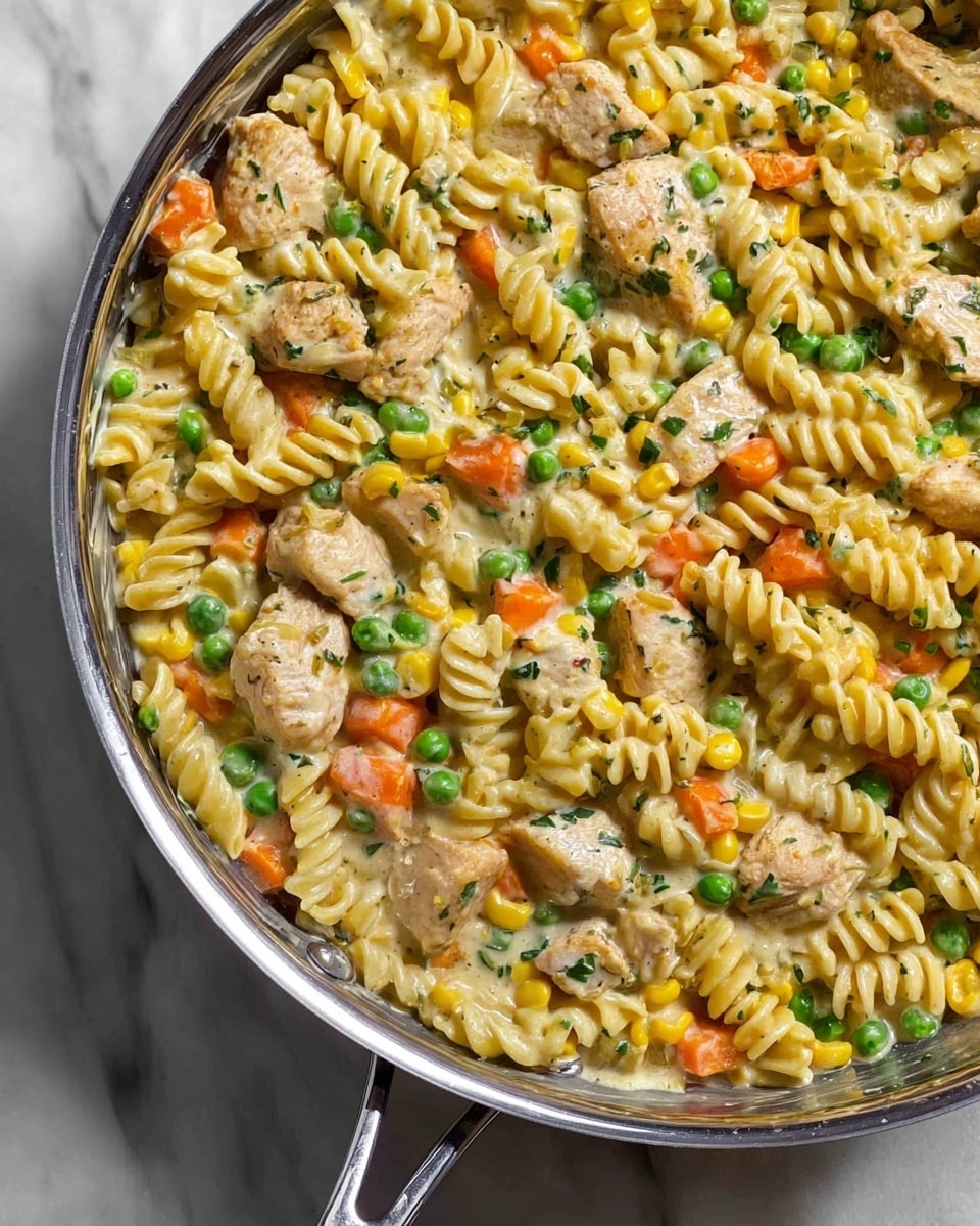 A close-up view of a creamy pasta dish in a metal skillet, showing multiple layers of light yellow spiral rotini pasta coated in a thick, smooth cream sauce. Mixed throughout are soft orange carrot slices, bright green peas, and small yellow corn kernels. Tender chunks of browned chicken are scattered evenly on top, blending with the pasta and vegetables. The dish is garnished with small flecks of green herbs, giving a fresh touch. The pan sits on a white marbled surface, enhancing the warm colors of the pasta and veggies. photo taken with an iphone --ar 4:5 --v 7