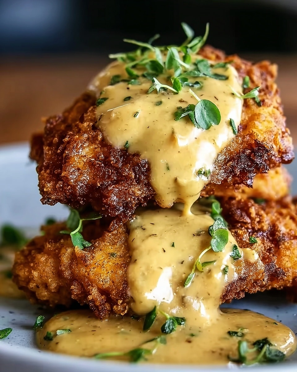 A close-up image of two layers of crispy, golden-brown fried chicken stacked on top of each other, both covered and dripping with thick, creamy, light brown gravy speckled with herbs and spices. The gravy smoothly flows down the sides, pooling slightly at the base, while small green herb leaves are sprinkled over the top as garnish. The chicken features a textured, crunchy crust, and the overall setting includes a white marbled texture underneath. photo taken with an iphone --ar 4:5 --v 7