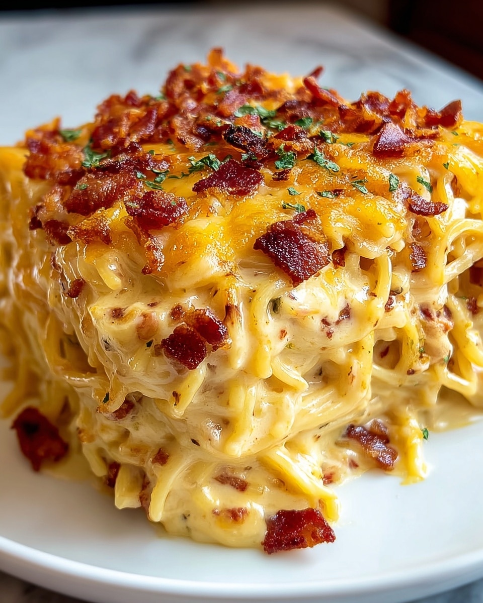A thick, creamy spaghetti casserole is shown in close-up on a white plate with a white marbled texture background. The dish has several layers of soft, cooked spaghetti noodles mixed with a rich, pale yellow cheese sauce that melts and clings to the pasta. The top layer is covered with crispy, golden browned bits and small pieces of red bacon or ham, adding texture and color. A few small green herb leaves are scattered on top for a fresh touch. The edges of the casserole show gooey, melted cheese pulling slightly from the sides. Photo taken with an iphone --ar 4:5 --v 7