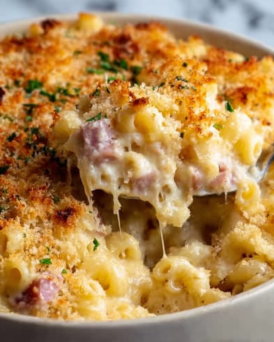 A close-up image of a creamy macaroni and cheese dish in a white bowl, showing three clear layers. The bottom layer is soft, pale yellow macaroni coated in cheese sauce, with small pieces of light pink ham mixed throughout. The middle layer is thick, creamy white cheese sauce with some melted spots. The top layer is a golden brown, crunchy breadcrumb topping with small scattered green herb pieces. Steam rises gently from the dish, and a woman's hand is holding a spoon scooping some macaroni up. The background is a white marbled texture. Photo taken with an iphone --ar 4:5 --v 7