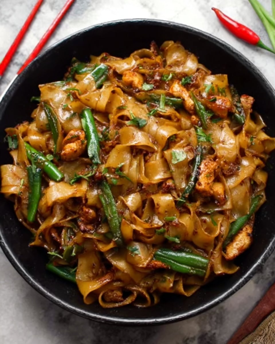 The dish shows wide flat noodles cooked with small pieces of meat and green vegetables, all mixed together with a light brown sauce. The noodles are glossy and slightly curled, with the sauce giving a bit of shine and texture on top. The green vegetables are scattered evenly, adding pops of fresh green color across the noodles. The whole dish is served in a round white bowl, sitting on a white marbled surface, with a red chopstick lying next to it. The lighting is natural, making the dish look fresh and warm. photo taken with an iphone --ar 4:5 --v 7