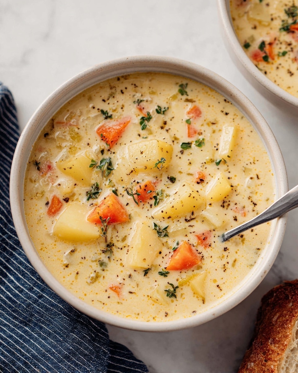 A white bowl filled with thick, creamy soup that has a pale yellow base with small pieces of red carrots, light yellow potatoes, and green herb sprigs scattered throughout. The soup has a smooth yet chunky texture with visible black pepper flakes on top, and a silver spoon resting inside the bowl on the right side. The bowl sits on a white marbled surface with a piece of brown bread partially visible in the bottom left corner and a blue striped cloth in the bottom right corner. photo taken with an iphone --ar 4:5 --v 7