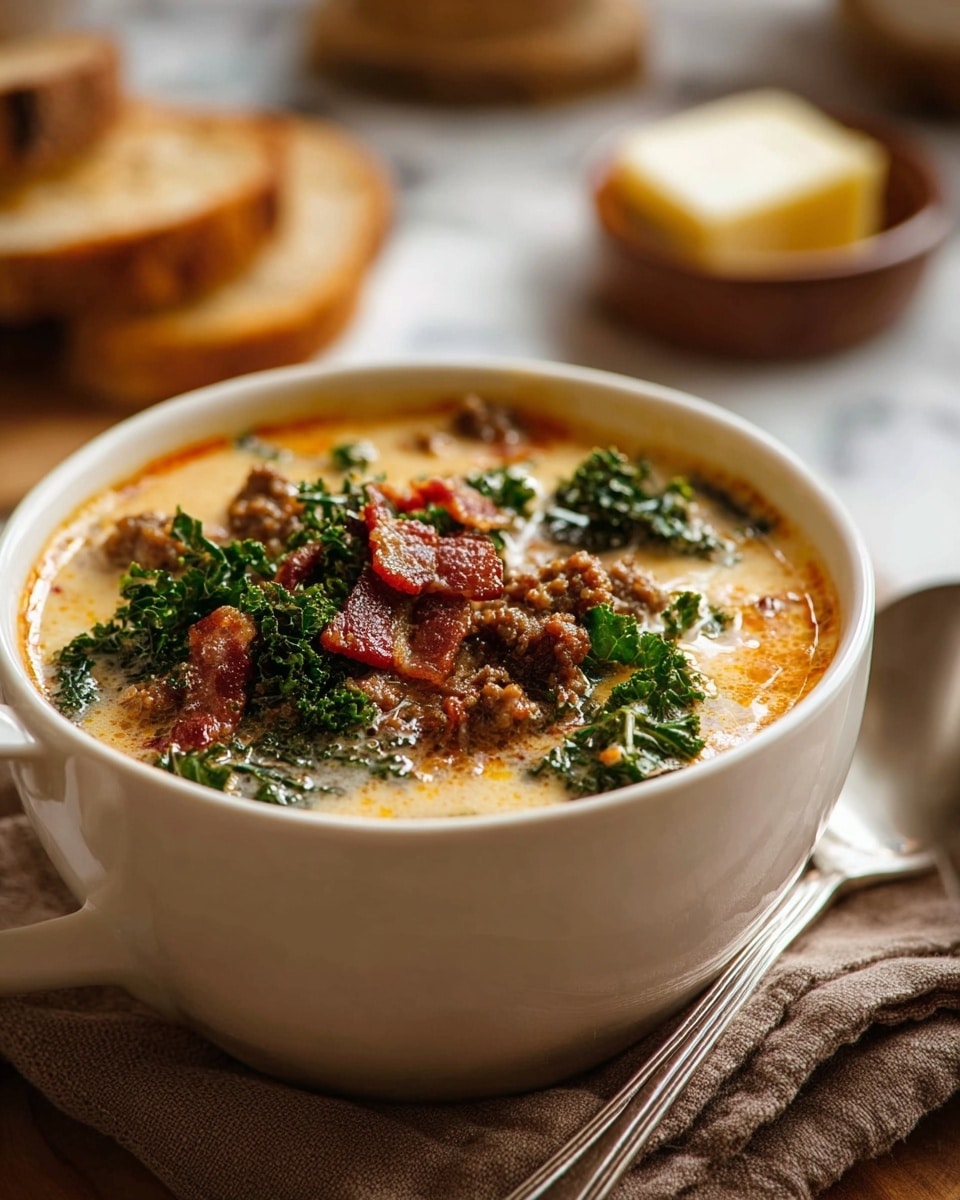 A white cup full of creamy soup sits on a brown cloth with a silver spoon resting in front. The soup has a light yellowish creamy base, topped with several pieces of crispy, reddish-brown bacon, small chunks of browned sausage, and bright green kale leaves scattered evenly over the surface. Behind the cup, there is a white marbled textured surface with some blurred bread pieces and a small brown bowl with butter, giving a warm and inviting feel. photo taken with an iphone --ar 4:5 --v 7