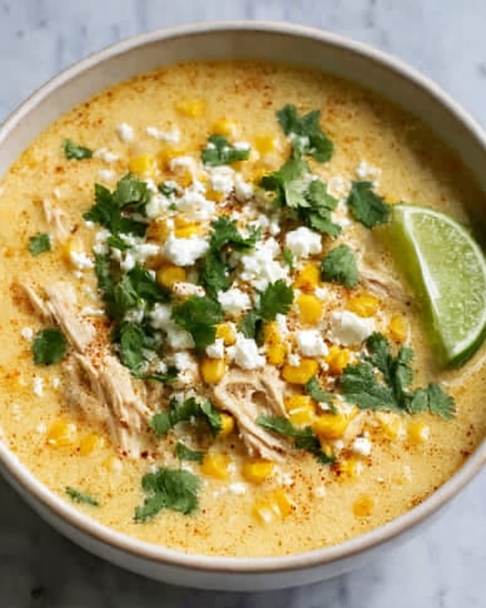 A white bowl filled with a creamy yellow soup that has a smooth texture. The soup contains visible shredded chicken pieces and whole corn kernels spread evenly throughout. On top, there is a generous sprinkle of white crumbled cheese and fresh green cilantro leaves scattered over the surface. A small wedge of light green lime rests on the edge of the bowl. The background is a white marbled texture. photo taken with an iphone --ar 4:5 --v 7