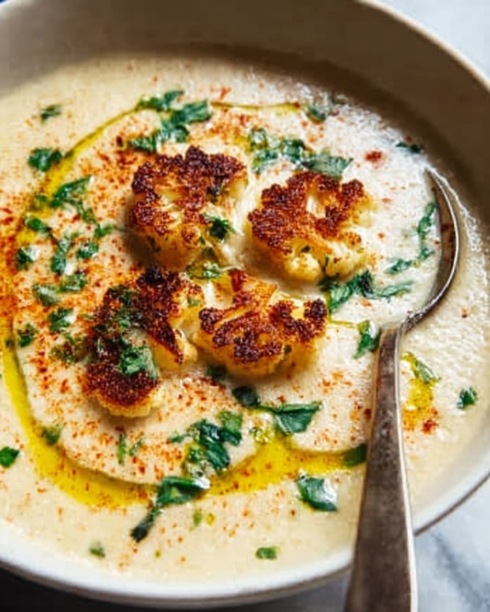 The image shows a white bowl filled with creamy soup that has a light beige color and smooth texture. On top, there are three browned, crispy cauliflower florets placed near the center, surrounded by bright green parsley leaves. A sprinkle of red spice, likely paprika, is scattered over the soup, adding color contrast. Golden oil swirls gently spread across the surface. A silver spoon is partially visible at the edge of the bowl. The bowl sits on a white marbled surface. Photo taken with an iphone --ar 4:5 --v 7