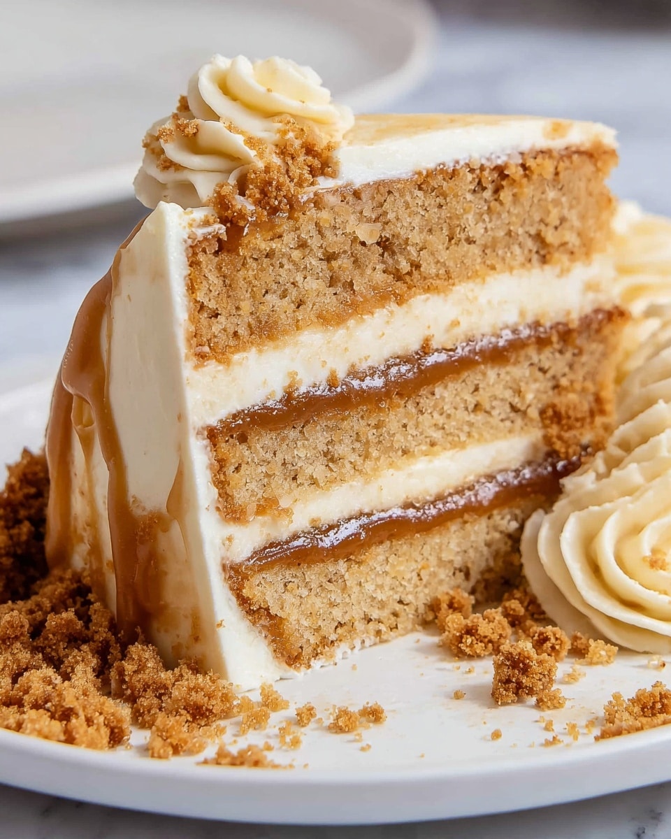 A close-up of a three-layer cake slice on a white plate with a white marbled texture background. The cake has three thick light brown sponge layers separated by two layers of white cream frosting, with a thin layer of caramel sauce nestled inside each cream layer. To the side of the cake slice, there is a mound of brown crumb topping and a swirl of light tan frosting. Caramel sauce is lightly drizzled and smeared on the plate near the cake. Photo taken with an iphone --ar 4:5 --v 7