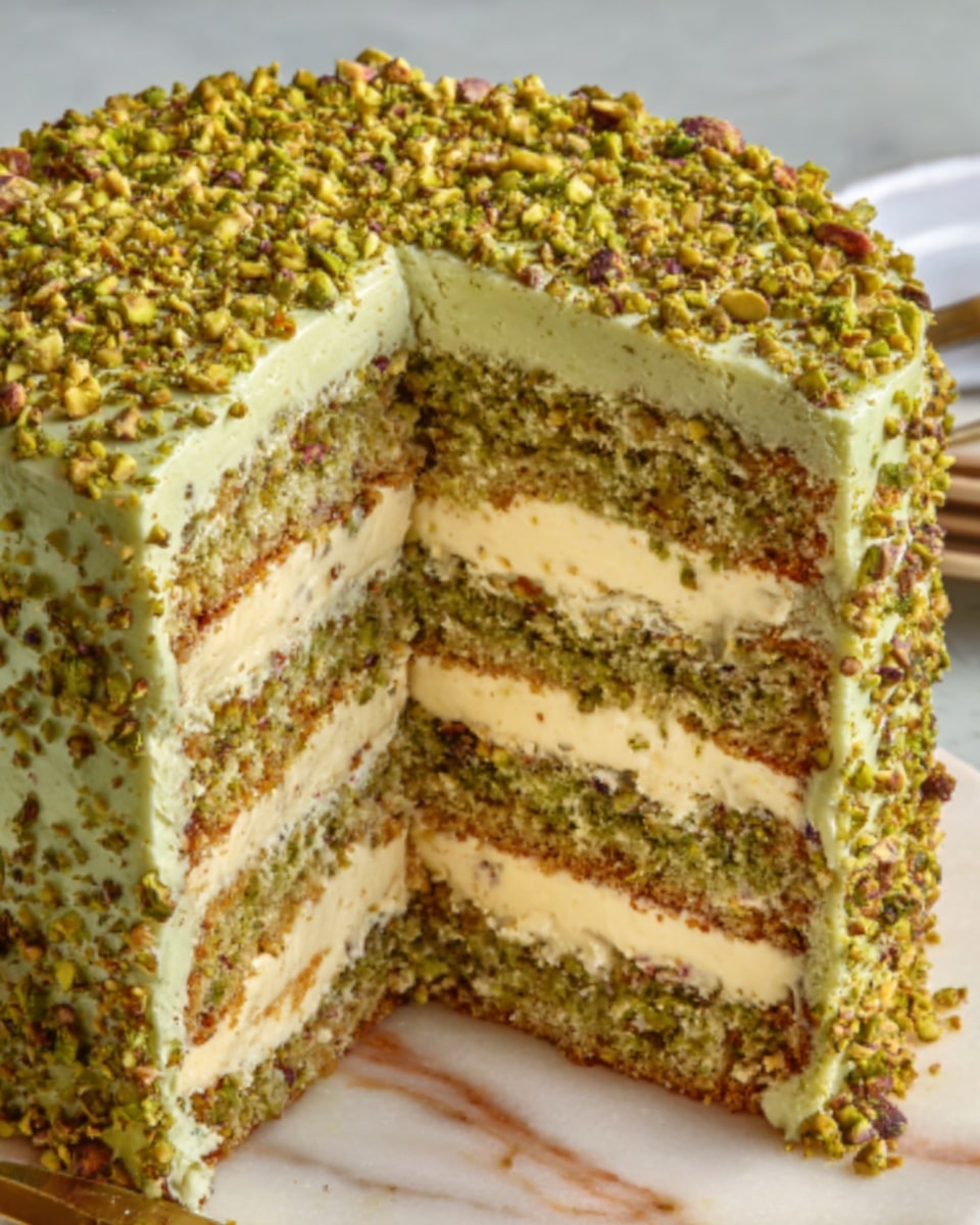 The image shows a tall slice of pistachio cake with multiple layers, each consisting of green pistachio sponge and creamy white filling mixed with small bits of pistachio. The outside of the cake is covered in a light green frosting and topped with chopped, bright green pistachios. The texture of the cake looks soft and moist, with crunchy pistachio pieces adding contrast. The cake is set against a white marbled background. Photo taken with an iphone --ar 4:5 --v 7