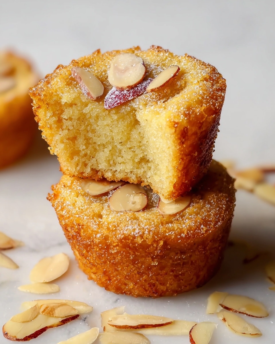 The image shows three small, golden-brown baked cakes stacked on top of each other on a white marbled surface, with one cake sitting vertically on two others which are lying flat. The cakes have a smooth, slightly crispy outer layer and a soft, moist texture inside. Each cake has a shallow center filled with clear syrup and topped with halved almonds and thin almond slices. More scattered almond slices are visible on the surface around the cakes, enhancing the cozy and fresh feel of the image. photo taken with an iphone --ar 4:5 --v 7