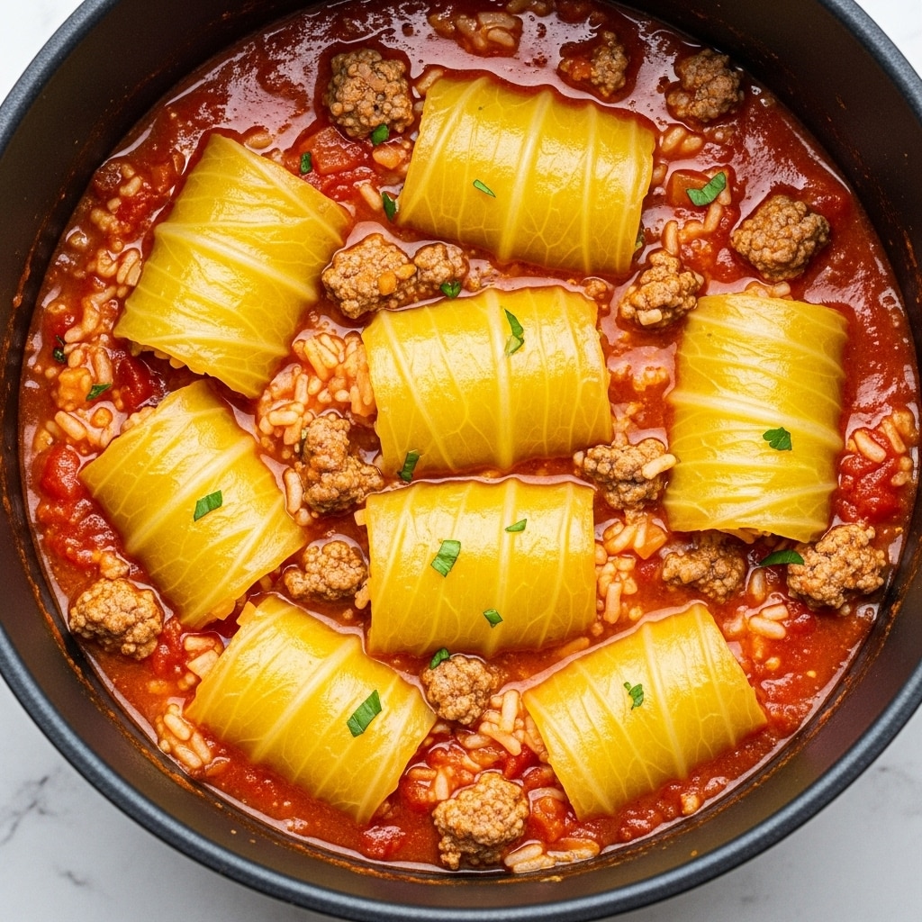 The image shows a close-up view of a stew with three main layers. The bottom layer is a thick red tomato-based sauce with a smooth, slightly shiny texture. Mixed within this sauce, there are chunks of cooked ground meat in brownish shades scattered evenly. On top of this, there are large pieces of cooked cabbage with a soft, slightly translucent look, showing pale yellow and light green colors. The dish is garnished with small spots of chopped fresh green herbs spread across the surface. The stew appears inside a black pot, and it sits on a white marbled surface. Photo taken with an iphone --ar 4:5 --v 7