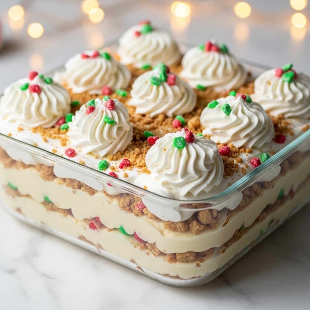 The image shows a clear glass square dish filled with a layered dessert. The bottom layer is a creamy light yellow custard-like base mixed with small pieces of red and green candy. Above that is a thick layer of white whipped cream, swirled in soft peaks. This is topped with crushed bits of red and green candy mixed with crunchy crumbs, which are spread evenly over the whipped cream. More whipped cream swirls with a smooth texture decorate the top, each one sprinkled with small bits of red and green candy and crumbs, giving the dessert a festive look. The dish sits on a white marbled surface with warm blurred lights in the background, adding a cozy feel. Photo taken with an iphone --ar 4:5 --v 7