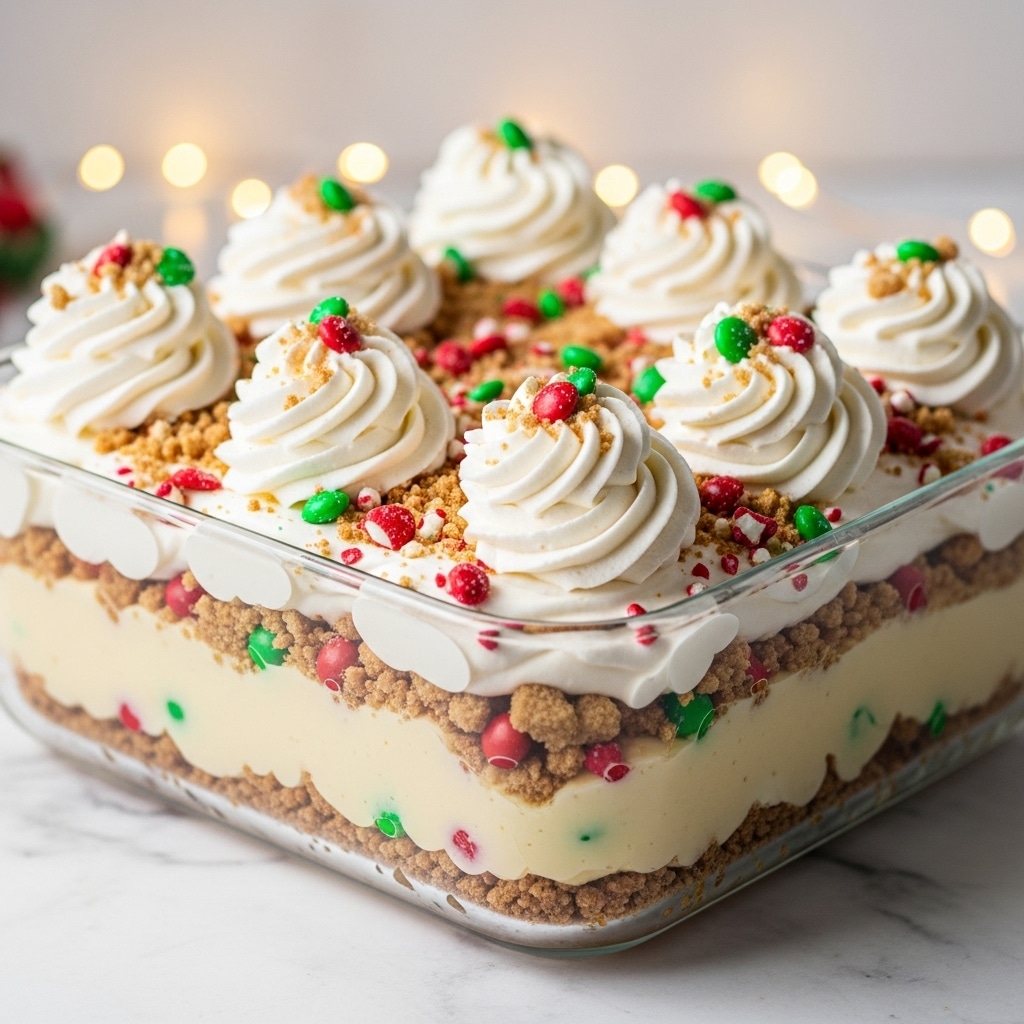 A glass square dish filled with a layered dessert consisting of multiple layers of creamy pale yellow pudding mixed with colorful red and green pieces, likely fruit or candy. The top layer is decorated with generous swirls of white whipped cream, sprinkled with more red and green bits and some crumbled light brown pieces. The dessert has a rich, textured look showing through the clear sides of the dish. The background is a white marbled texture with soft yellowish bokeh lights. Photo taken with an iphone --ar 4:5 --v 7