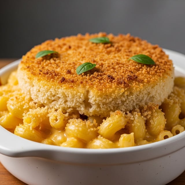 A white bowl filled with creamy baked macaroni and cheese is shown close up. The dish has a top layer of golden-brown crispy cheese with some browned spots and small bits of toasted breadcrumbs. Below this, a thick layer of melted cheese is pulling away in gooey strings. The macaroni noodles underneath are coated in smooth, rich cheese sauce with a pale yellow color. A small green herb leaf is placed on top for garnish. The bowl sits on a wooden surface with a white marbled textured background. Photo taken with an iphone --ar 4:5 --v 7