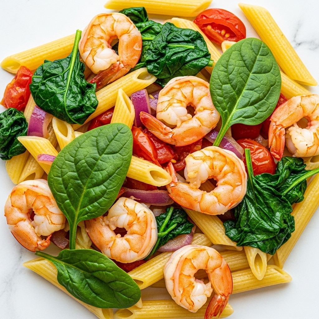 This image shows a close-up of a pasta dish with three main layers. The bottom layer has pieces of cooked spinach that are dark green and slightly wilted. Above the spinach is a layer of red, chunky tomato sauce with bits of onion and sun-dried tomatoes, adding texture and color contrast. On top, there are several pieces of pale yellow penne pasta, cooked but firm, some showing their hollow centers. Scattered around the pasta are light pink cooked shrimp, adding a touch of orange and pink tones to the dish. The photo background is a white marbled texture, enhancing the colors of the food. photo taken with an iphone --ar 4:5 --v 7