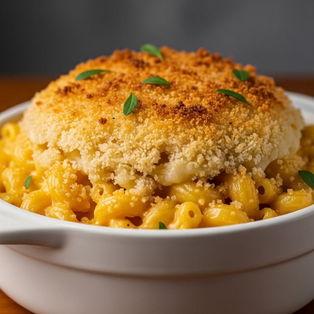 The image shows a close-up of a white ceramic bowl filled with macaroni and cheese topped with a thick layer of browned melted cheese and breadcrumbs. The top layer is golden and crispy with small green herb leaves as decoration. Below the crust, the creamy macaroni pasta is visible, coated in rich, smooth cheese sauce. The bowl sits on a wooden surface against a soft, dark background. Photo taken with an iphone --ar 4:5 --v 7