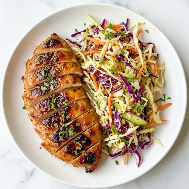 The dish shows sliced grilled chicken with a shiny brown glaze placed on the left side of a white plate. To the right, there is a colorful slaw made of shredded cabbage, carrots, and other vegetables with a light dressing. The chicken has a slightly crispy texture on the outside and is juicy inside. Both the chicken and slaw are sprinkled with small green herb pieces. The plate sits on a white marbled surface. Photo taken with an iphone --ar 4:5 --v 7