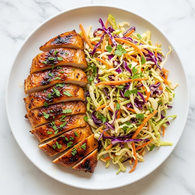 A white plate on a white marbled surface holds sliced grilled chicken with a shiny, dark brown glaze on top. The chicken pieces are arranged in a pile and look juicy with grill marks visible. Next to the chicken, there is a colorful coleslaw made of shredded purple cabbage, orange carrots, and light green cabbage mixed together. The dish is sprinkled with small green herbs on top for decoration. Photo taken with an iphone --ar 4:5 --v 7