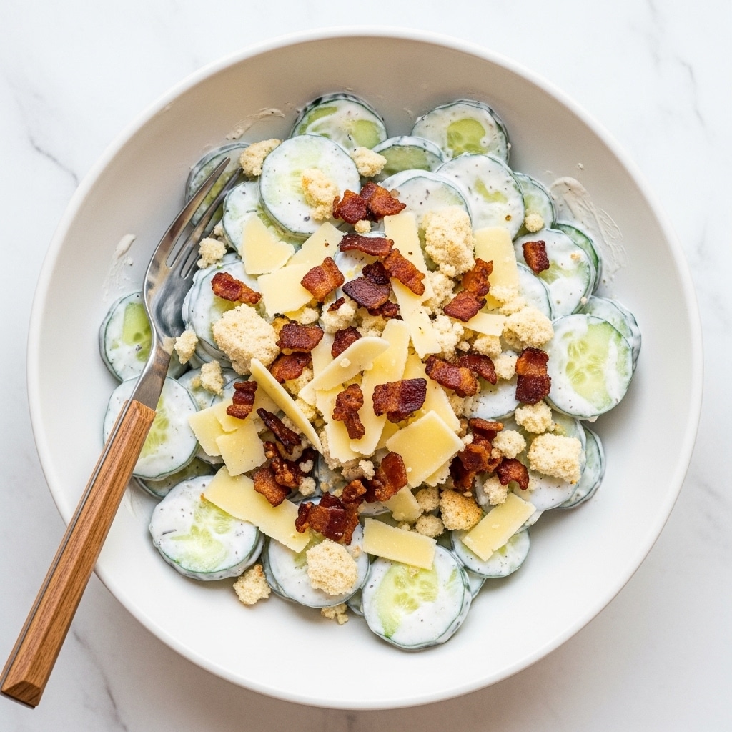 The image shows a bowl of creamy cucumber salad with several layers and textures visible. The bottom layer is thick cucumber slices, green with a slight shine, covered evenly with a smooth, white creamy dressing. On top of the cucumbers, there are small, crispy golden brown breadcrumbs scattered throughout, adding a crunchy texture. Mixed in are tiny pieces of reddish-brown crispy bacon bits, providing bursts of color and texture. Thin, pale yellow cheese shavings are spread across the salad, sticking slightly to the creamy dressing and cucumber. The salad is served in a white bowl with a fork resting inside, placed on a white marbled surface. Photo taken with an iphone --ar 4:5 --v 7